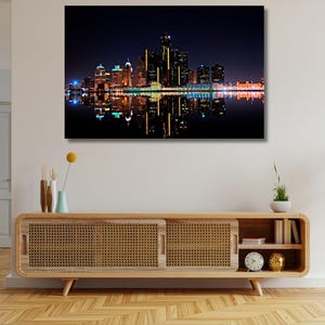 Detroit Skyline at Night Ready To Hang Canvas,Detroit Skyline at Night Canvas Design,City Wall Art Detroit,Detroit Skyline Painting Wall Art