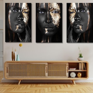 African Woman Black and Gold Canvas Print Set, Modern Wall Art