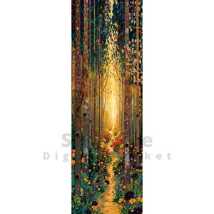 May include: An art print showing a forest scene with a path leading towards a bright light. The image features tall trees with detailed patterns and colorful leaves. A path, lined with flowers, winds through the forest. The artwork uses warm colours like gold and green.