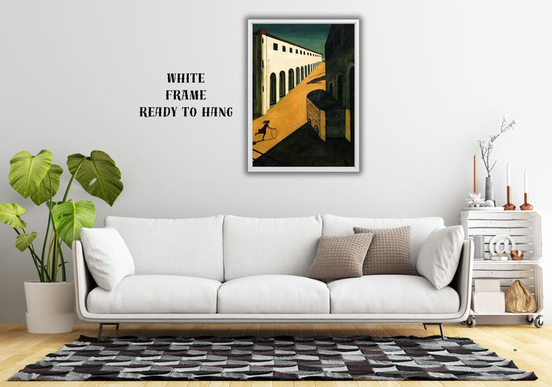 May include: A framed art print depicting a stylized street scene with a figure and cart. The artwork features a white frame and is ready to hang. The text on the wall reads "WHITE FRAME READY TO HANG".
