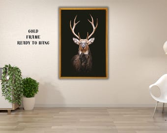 Majestic Deer Portrait Canvas, Rustic Wildlife Wall Art, Nature Animal Painting, Woodland Home Decor, Stag Buck Canvas Print