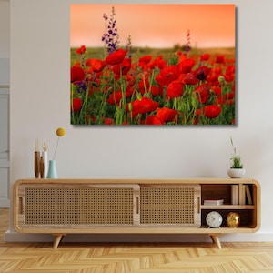 Campo de amapolas, impresiones en lienzo de amapolas, decoración del hogar con campo de amapolas rojas, arte de amapolas, naturaleza, flores, lienzo de arte de pared, decoración de pared, impresión artística