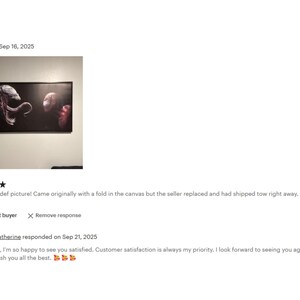 The image is a screenshot of a website page featuring a rating and comment system for artwork. The page displays a rating of 5 stars for a painting, along with a comment from a customer expressing their satisfaction with the seller's response.