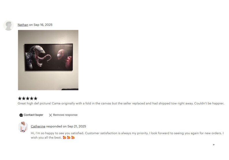 The image is a screenshot of a website page featuring a rating and comment system for artwork. The page displays a rating of 5 stars for a painting, along with a comment from a customer expressing their satisfaction with the seller's response.