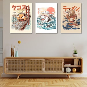 Great Wave of Ramen Set of 3 Ready To Hang,intage Japanese wall art Asian kitchen decor Ramen Noodle vintage print Great wave off Kanagawa