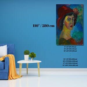 May include: An oil painting of a woman wearing a red hat, with a colorful background. The painting is displayed on a blue wall. The image also shows a blue sofa, a small white table, and a yellow blanket. The painting is available in 3 sizes: 8"x12", 12"x16", and 16"x20".
