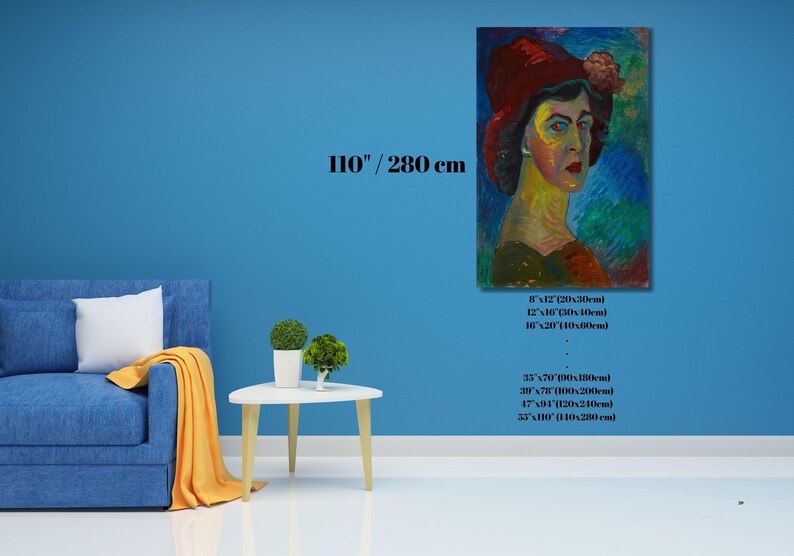 May include: An oil painting of a woman wearing a red hat, with a colorful background. The painting is displayed on a blue wall. The image also shows a blue sofa, a small white table, and a yellow blanket. The painting is available in 3 sizes: 8"x12", 12"x16", and 16"x20".