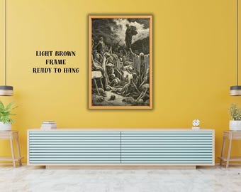 May include: A framed monochrome artwork showing a dramatic scene with figures and a towering figure. The light brown frame is ready to hang. The artwork is displayed on a yellow wall.