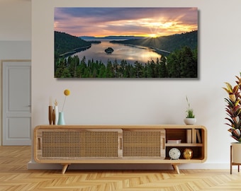 Lake Tahoe Canvas Print, Panoramic Sunset Landscape, Lake House Decor