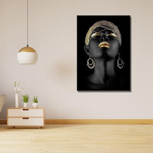 African Woman Gold Hair Ready To Hang Canvas, Golden Beauty Wall Art, African Art, Afro American Canvas Wall Art, African Woman Gold Lip Art