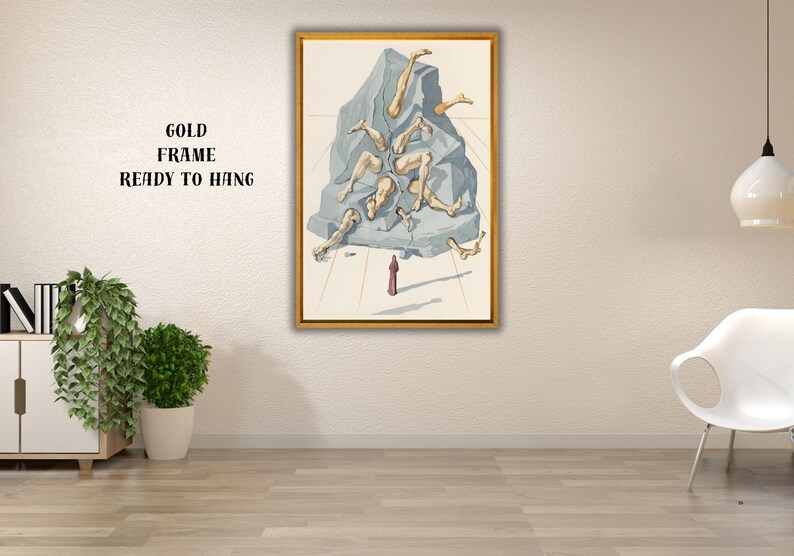 Op de afbeelding: Een ingelijst kunstwerk met een gouden lijst. Het kunstwerk toont een surrealistische sc&egrave;ne van menselijke ledematen die uit een grijze rotsformatie komen. Een klein figuur in rood staat eronder. Tekst op de muur: GOLD FRAME READY TO HANG.