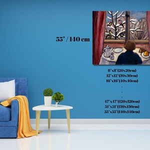 May include: A framed painting depicting a person looking out a window at a snowy landscape. The painting is displayed on a blue wall. The painting sizes range from 8"x8" (20x20cm) to 55"x55" (140x140cm).
