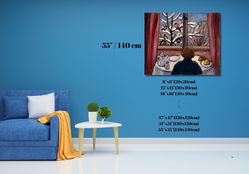 May include: A framed painting depicting a person looking out a window at a snowy landscape. The painting is displayed on a blue wall. The painting sizes range from 8"x8" (20x20cm) to 55"x55" (140x140cm).