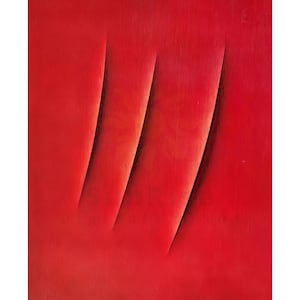 May include: A vibrant red canvas featuring three distinct, vertical, parallel slashes that create deep, shadowed indentations. The surface of the canvas displays a fine, linear texture throughout, emphasizing the bold red color and the dramatic, clean-cut incisions that run from the top toward the bottom of the rectangular composition.