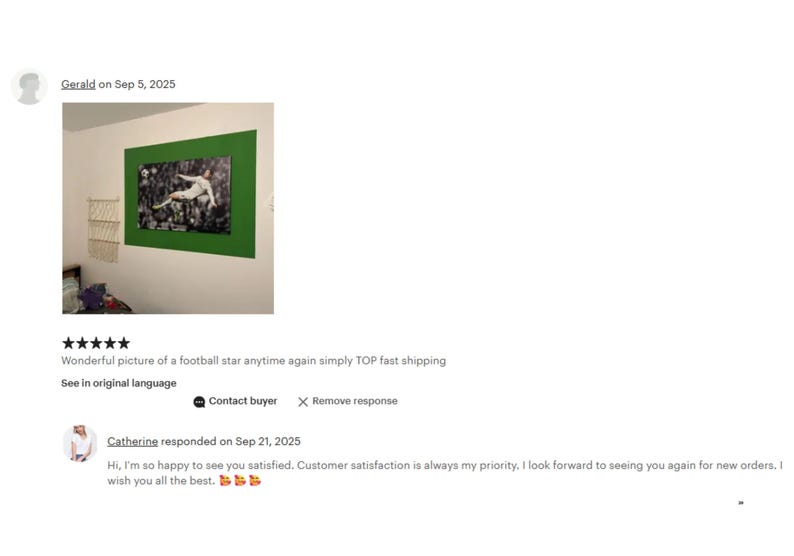 The image is a wall art piece featuring a football player in mid-action. The wall art is green and hangs on a white wall. The image is described as a "Wonderful picture of a football star again simply TOP fast shipping" and is "See in original language". The image also includes a rating of 5 stars and a response from a customer named Catherine, who says she is happy to see satisfied customers and customer satisfaction is always her priority.