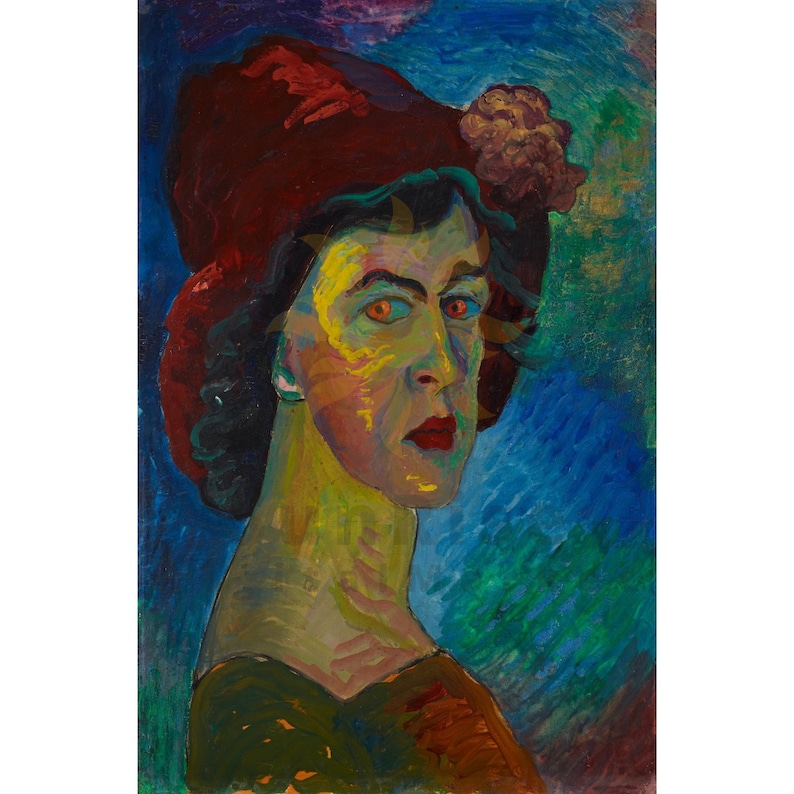 May include: A colorful oil painting of a person wearing a large red hat with a floral accent. The portrait features a vibrant palette of blues, greens, yellows, and reds, with the subject's face and neck illuminated.