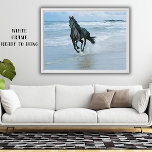 Running Black Horse Canvas,Black Horse On Sea Shore Painting,Animal Canvas,Horse Wall Art Canvas Poster,Horse Canvas Wall Art,Ready To Hang