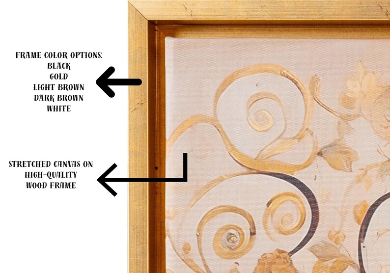 Op de afbeelding: Goudomrand canvas kunst met een cr&egrave;mekleurige achtergrond en een gouden bloemenontwerp. De framekleuropties zijn zwart, goud, lichtbruin, donkerbruin en wit. Het canvas is gespannen op een hoogwaardig houten frame.
