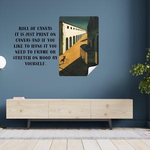 May include: A print on canvas of a street scene with a person and a dog. The text on the wall says, "ROLL OF CANVAS IT IS JUST PRINT ON CANVAS AND IF YOU LIKE TO HANG IT YOU NEED TO FRAME OR STRETCH ON WOOD BY YOURSELF."