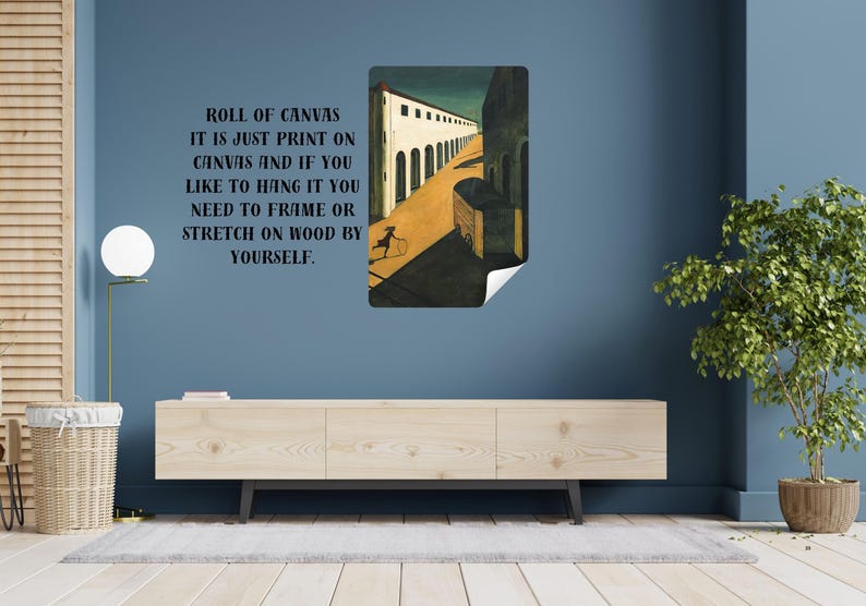 May include: A print on canvas of a street scene with a person and a dog. The text on the wall says, "ROLL OF CANVAS IT IS JUST PRINT ON CANVAS AND IF YOU LIKE TO HANG IT YOU NEED TO FRAME OR STRETCH ON WOOD BY YOURSELF."