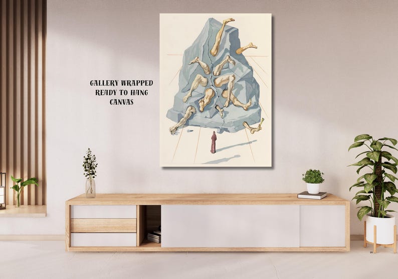 Op de afbeelding: Een canvas print van een surrealistisch kunstwerk. De afbeelding toont een gefragmenteerde stenen structuur met losse ledematen en een klein figuur. De tekst "GALLERY WRAPPED READY TO HANG CANVAS" is zichtbaar.