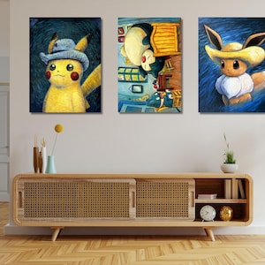 Set Of 3 Van Gogh Pikachu Evee Snorlax Ready To Hang Canvas,Van Gogh Poster,Aesthetic Poster,Van Gogh Pikachu Poster,Van Gogh Pikachu Print