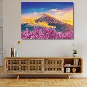 Japanese Sakura Wall Decor, Japanese Flowering Cherry Blossom Art, Mount Fuji, Huge Canvas Wall Decor, Japanese Peaceful Modern Art,