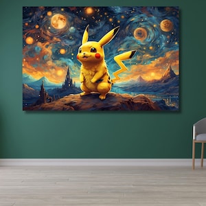 Pikachu Ready To Hang Canvas,Van Gogh Pikachu Famous Artwork Poster,Aesthetic Poster,Van Gogh Pikachu Poster,Pikachu in Beach Canvas Print