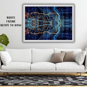 Puede incluir: Una pieza de arte mural rectangular en un marco blanco con un patrón de placa de circuito digital con líneas azules y naranjas brillantes sobre un fondo oscuro. El texto "WHITE FRAME READY TO HANG" está impreso en negro a la izquierda.