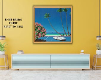 Hiroshi Nagai-inspirerat konsttryck, palmer, bil, redo att hängas