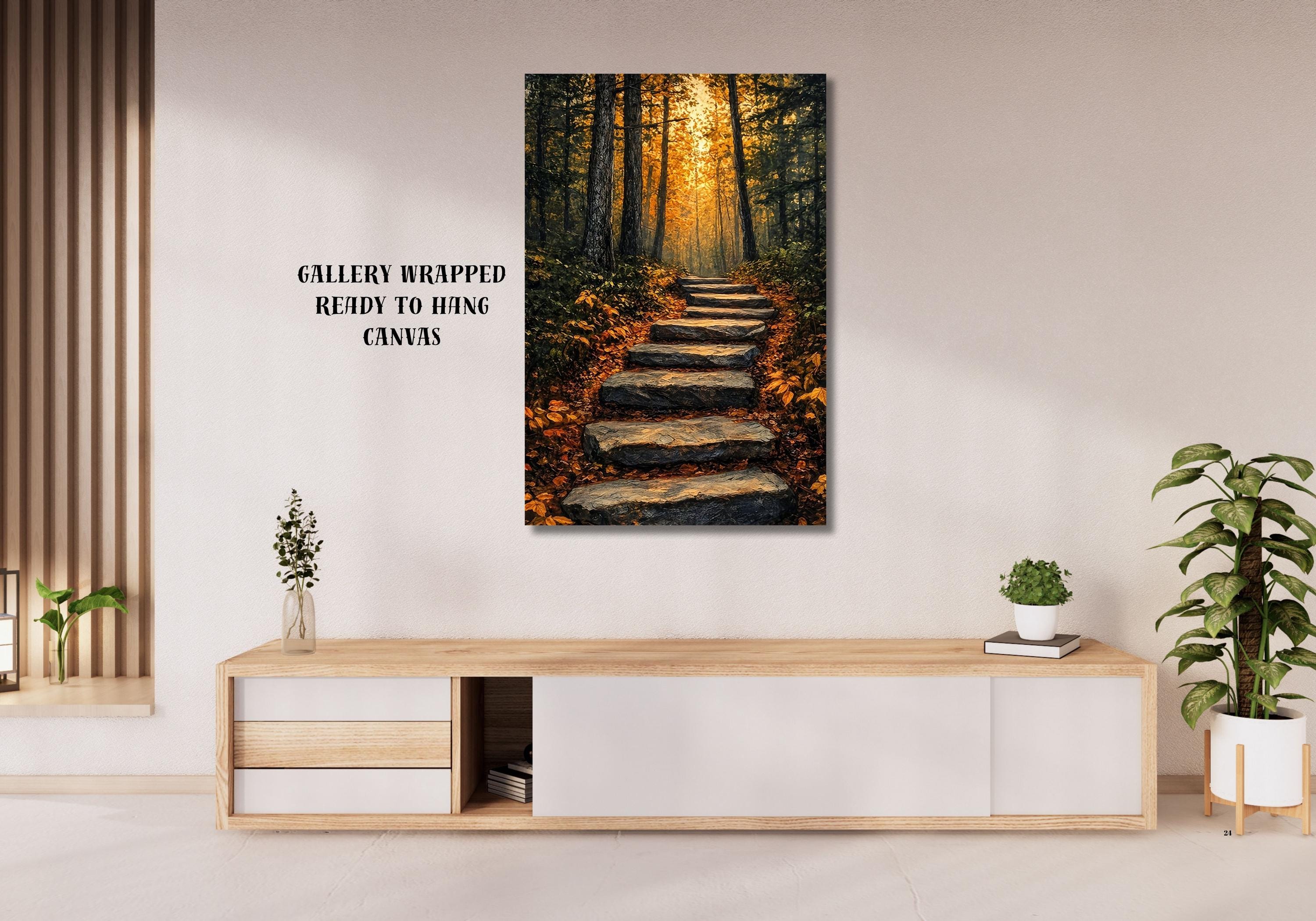 Autumn Forest Path Wall Art, Golden Light Woodland Canvas, Rustic ...
