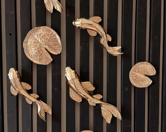 Golden 5 pc Koi Fish Wall Decor with Water Lily Leaves, Handmade 3D Wall Sculpture, Modern Coastal Wall Art