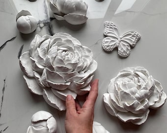 Handmade Sculptural Peonies with Butterflies – White Plaster Botanical Wall Art for Minimalist & Contemporary Interiors