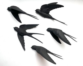 Swallows Set of 5 pc , Elegant Black Swallow Wall Decor Birds, Home Decor Sculptures, Modern Interior Accens, Wall Art