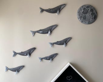 Whales & Moon Wall Decor 7pc set • Ocean Inspired 3D Sculpture • Handmade Wall Art •  Minimalist Decor