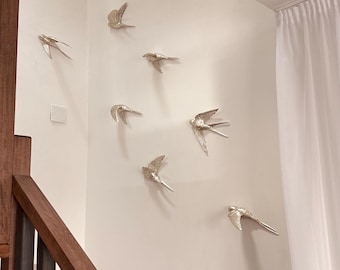 Flying Swallows Set of 7 pc, Antique Silver color, Modern Wall Decor Birds, New Year Gift, Wall hanging decor