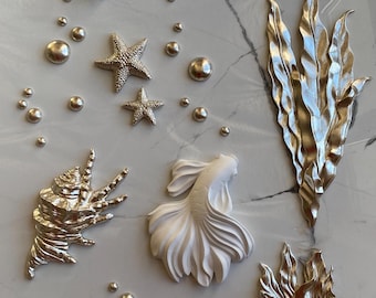 Nautical Golden Wall Decoration Kit - Fishes, Sea Stars, Coral, Shell, Air Bubbles – Home Decor Set | Wall hanging decor| Wall decorations
