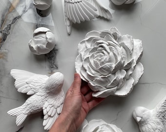 Sculptural  Peonies and Birds set– White Plaster Handmade Botanical Wall Art for Minimalist & Contemporary Interiors