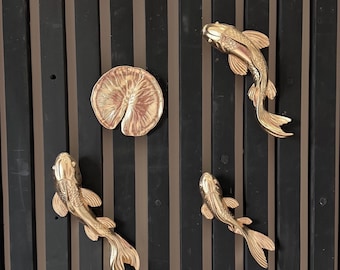 Golden Koi Fish 3pc Wall hanging Decor set with Water Lily Leaves 3pc, Handmade 3D Wall Sculpture, Modern Wall Art