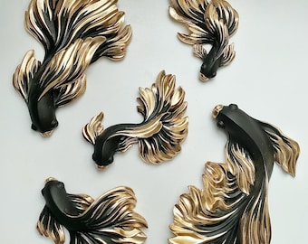 Black and Gold Betta Fish Wall Sculpture: Modern 3D Home Decor