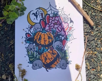 Creepy but Cute Haunted Halloween, Pumpkin Coffin with Peonies A4 sized Print, Wall Décor Print, Home Décor Print, Tattoo illustration Print