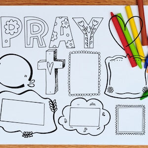 Könnte beinhalten: Eine schwarz-weiße druckbare Malvorlage mit dem Wort "PRAY" und einem Kreuz. Die Seite enthält auch mehrere leere Rahmen und eine Herzform.