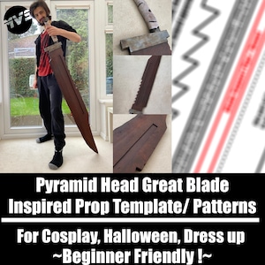 Op de afbeelding: Een bruin Pyramid Head Great Blade prop template, vastgehouden door een persoon. De afbeelding bevat close-ups van de handgreep, rand en sjabloononderdelen van het zwaard. Tekst op de afbeelding luidt: "Pyramid Head Great Blade Inspired Prop Template/ Patterns For Cosplay, Halloween, Dress up ~Beginner Friendly!~".