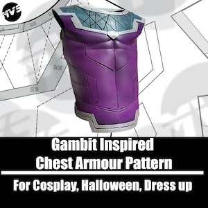 May include: A purple chest armor piece with a teal upper panel featuring a black grid pattern and silver trim. The armor has a sculpted torso design and is displayed against a background showing a technical paper pattern with the text Gambit Inspired Chest Armour Pattern For Cosplay, Halloween, Dress up.