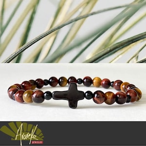 Tiger Eye and Howlite Cross Bracelet  Stretch Bracelet  Gemstone Bracelet