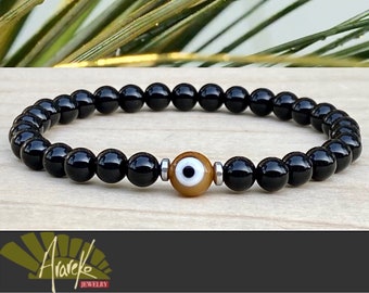 Evil Eye Bracelet  6mm Onyx and Evil Eye Stretch Gemstone Bracelet Protection Bracelet