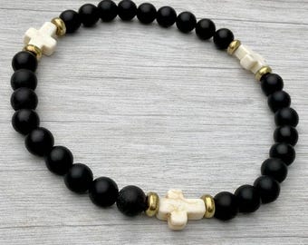 Onyx Bracelet 6mm Black Onyx and White Howlite Cross  Stretch Gemstone Bracelet Cross Bracelet