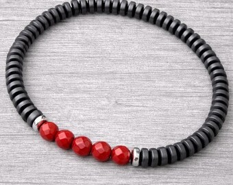 Hematite & Red Jasper 4mm Slim Bracelet   Non Magnetic Hematite  Handmade Stretch Bracelet