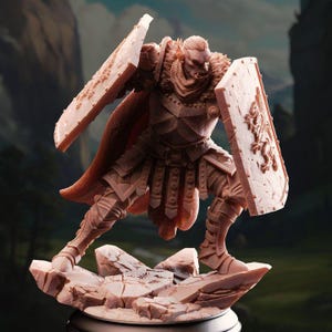May include: A detailed figurine of a warrior in a defensive stance, holding two shields. The figure is clad in armor and a cape, standing on a rocky base. The shields feature embossed designs. The color is a muted, earthy tone, suggesting a fantasy theme.