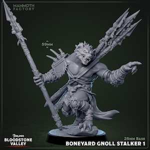 Peut inclure: Figurine miniature grise et détaillée d'un Gnoll Stalker, tenant une lance et une arme à plusieurs pointes. La figurine est sur une base de 25 mm et mesure 5,9 cm de haut. Le texte sur la base indique "Boneyard Gnoll Stalker 1" et "Bloodstone Valley".